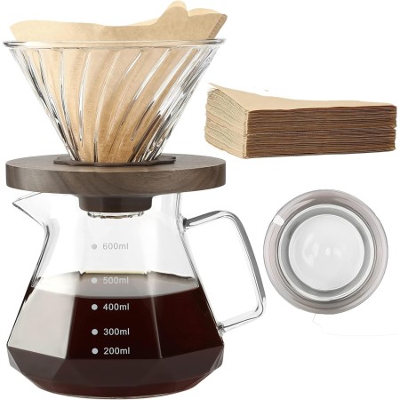 Lalord Cafetera de Goteo de Borosilicato de 20 onzas con Filtro de Papel V02, 100 hojas, Mango de Nogal y Tapa de Cafetera, 600