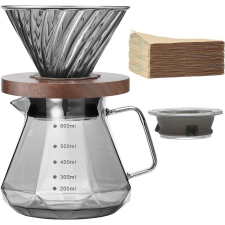 Lalord Cafetera de Goteo de Borosilicato de 20 onzas con Filtro de Papel V02, 100 hojas, Mango de Nogal y Tapa de Cafetera, 600