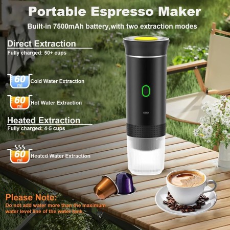 Máquina de café expreso portátil,Cafetera Portátil Cápsula de Espresso 3 en 1,15 bar,7500mAh,Autocalentamiento,compatible con