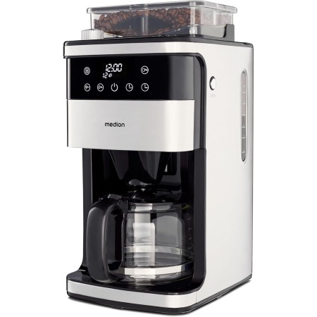MEDION Cafetera eléctrica de con molinillo y jarra de cristal (1,5 l, máx. 12 tazas, 8 niveles de molienda, máx. 1050 W,