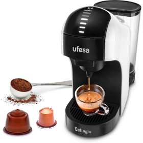 Ufesa Bellagio Cafetera Espresso Multicápsulas 3 en 1 para Nespresso, Dolce Gusto o Café Molido, Panel Táctil Digital con 7