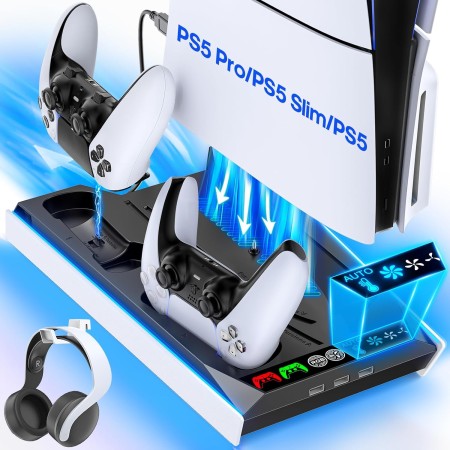 Soporte PS5 con Ventilador Refrigerador Automático, Soporte Vertical PS5 Slim con Cargador Mando PS5, Base de Carga PS5 para