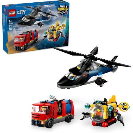 LEGO City 3 en 1 Remix: Helicóptero, Camión de Bomberos y Submarino de Juguete, Set de 3 Juguetes de Vehículos Modulares