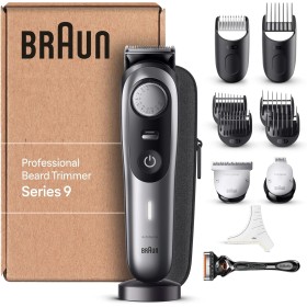Braun Recortadora Profesional De Barba Series 9, Cortapelos Hombre Con Accesorios De Barbero, Base De Carga y Funda De Viaje,