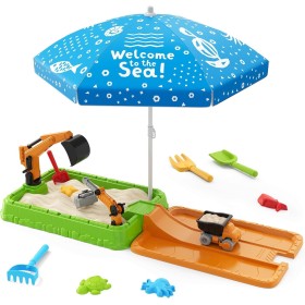 HYES Arenero Niños Exterior con Tapa, Arenero de Excavadora con Sombrilla, Pala de Arena, Juguetes de Playa, Regalos Juegos de