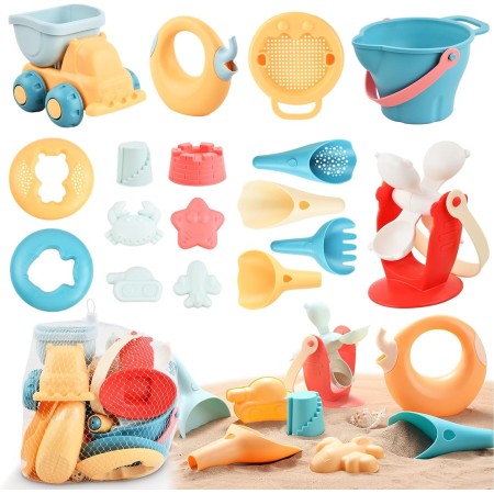 Dewocke 17 Piezas Conjunto de Juguetes Playa Bebe, Juguetes de Playa para Niños con Bolsa, Moldes de Arena, Rueda de Agua,