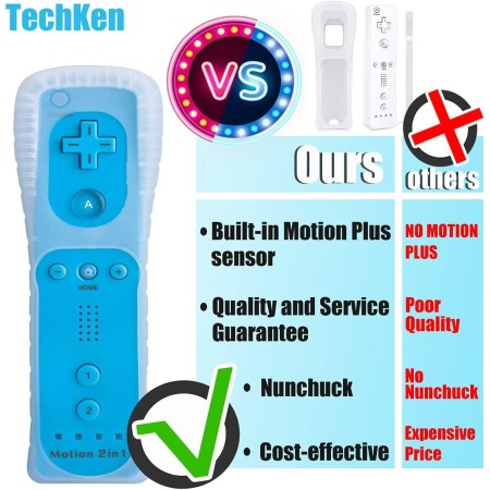 TechKen 2 Piezas Controller para Wii con Nunchuck,Mando Wii Motion Plus Integrado con Nunchuk Controller Funda de Silicona