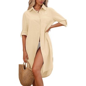 CMTOP Vestido Playa Mujer Verano Casual Camisola Playa Largos Cuello en V Camisa de Manga Larga con Botón Suelto Traje de Baño