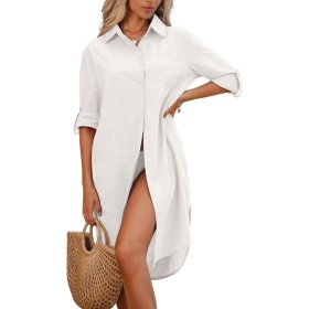 CMTOP Vestido Playa Mujer Verano Casual Camisola Playa Largos Cuello en V Camisa de Manga Larga con Botón Suelto Traje de Baño