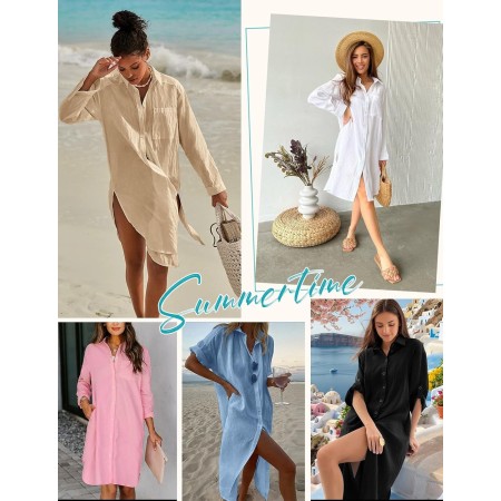 CMTOP Vestido Playa Mujer Verano Casual Camisola Playa Largos Cuello en V Camisa de Manga Larga con Botón Suelto Traje de Baño