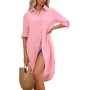 CMTOP Vestido Playa Mujer Verano Casual Camisola Playa Largos Cuello en V Camisa de Manga Larga con Botón Suelto Traje de Baño