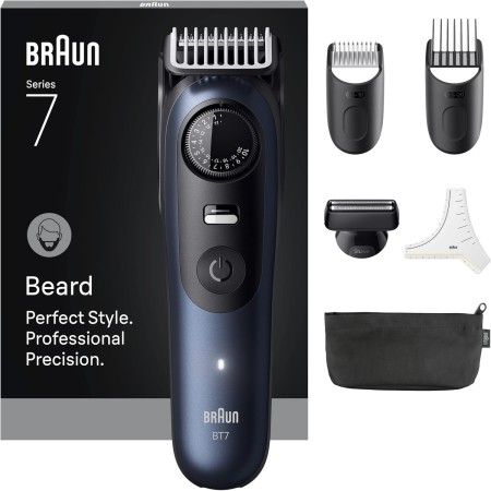 Braun Recortadora de barba Serie 7, +6 accesorios, hoja afilada de por vida, batería de hasta 120 minutos, 40 ajustes de