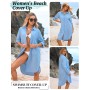 CMTOP Vestido Playa Mujer Verano Casual Camisola Playa Largos Cuello en V Camisa de Manga Larga con Botón Suelto Traje de Baño