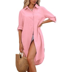 CMTOP Vestido Playa Mujer Verano Casual Camisola Playa Largos Cuello en V Camisa de Manga Larga con Botón Suelto Traje de Baño