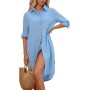 CMTOP Vestido Playa Mujer Verano Casual Camisola Playa Largos Cuello en V Camisa de Manga Larga con Botón Suelto Traje de Baño