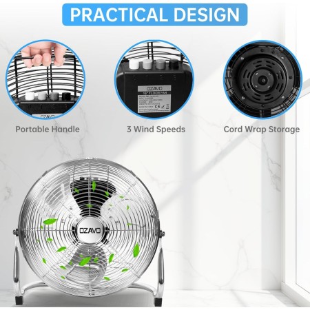 OZAVO Ventilador de Suelo Cromado Industrial 61CM, 110W, 3 Velocidades, 3 Aspas Metálicas, Motor de Cobre, Cabezal Inclinación