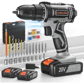 Taladro Atornillador Batería 20V, FAHEFANA Taladro Inalámbrico, 2 Baterías 2.0Ah y Accesorios 89 Piezas, 42Nm Máx, 25+1 Ajuste