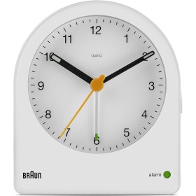 Braun Classic Analogue Alarm Clock with Snooze and Continuous Backlight, Quiet Quartz Movement, Crescendo Beep Alarm in White,