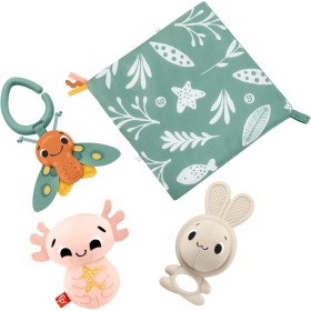 Fisher-Price Sensimals Set de regalo con mordedor conejito, peluche ajolote, polilla sonajero y paño de apego, juguetes para