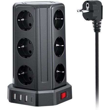 Torre Regletas Enchufes con Cable 5M, Regleta USB 12 Tomas de AC Corrientes y 4 USB, 3680W/16A, Regreltas Vertical con