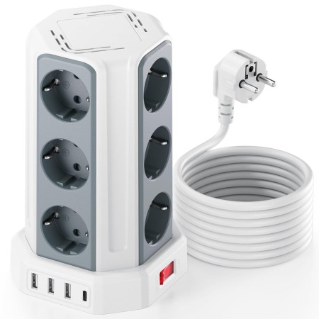 Torre Regletas Enchufes con Cable 5M, Regleta USB 12 Tomas de AC Corrientes y 4 USB, 3680W/16A, Regreltas Vertical con