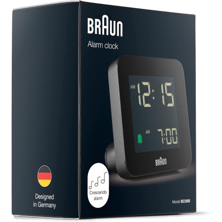 Braun Reloj Despertador Digital Snooze, Pantalla LCD Negativa, configuración rápida, Alarma Crescendo Beep en Negro, Modelo