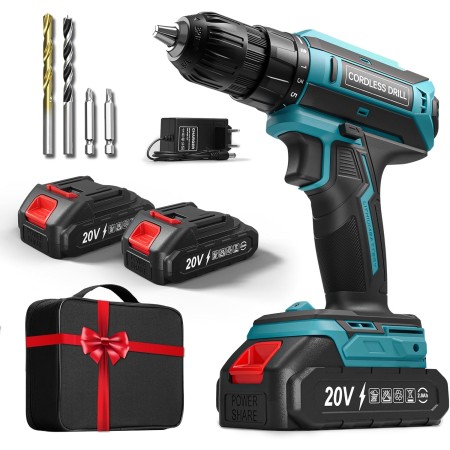 Taladro Atornillador Batería con 2 Baterías, 20V Taladro Bateria par Máximo de 42Nm, Taladro Inalámbrico de 2 Velocidades, Apto