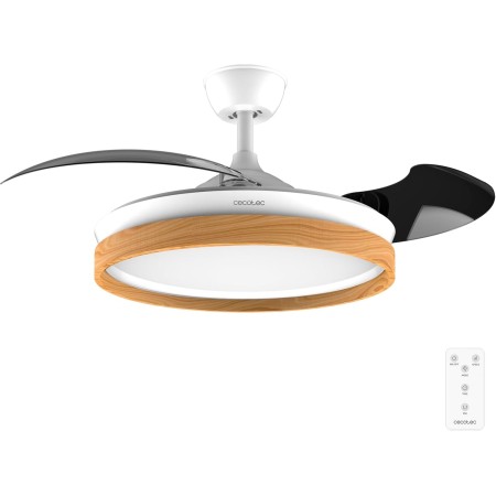 Cecotec Ventilador de Techo con Luz Energysilence Aero 4320 Invisible Wood&White. 35W, 6 Velocidades, Aspas Retráctiles, Mando a