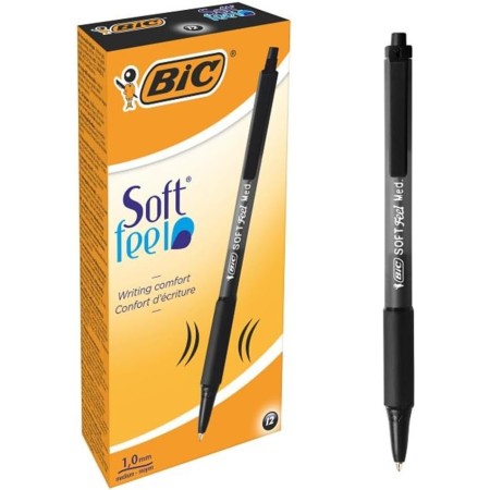 BIC Soft Feel, bolígrafos retráctiles, suave grip, punta media (1,0 mm), color azul, caja de 12