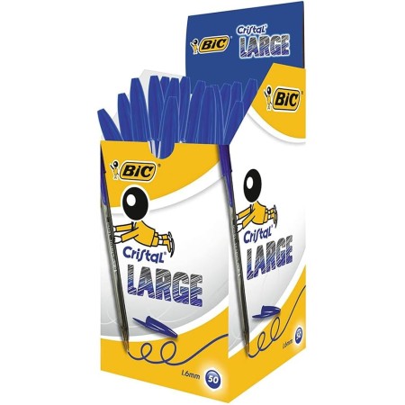 BIC Cristal Large Boligrafos de Punta Media, Para la Escuela, la Oficina o el Hogar, Azul, Paquete de 50 (1,6 mm)