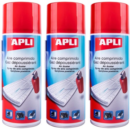 APLI 19657- Pack de 3 Aires comprimidos de limpieza en seco 3 sprays de 400 ml. Aerosol apto para teclados, ordenadores y
