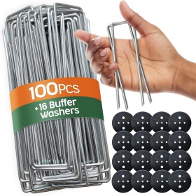 PORTENTUM Grapas Césped Artificial 100 Uds + 16 Arandelas – Piquetas Camping Suelo Duro, Estacas para Tomateras, Piquetas