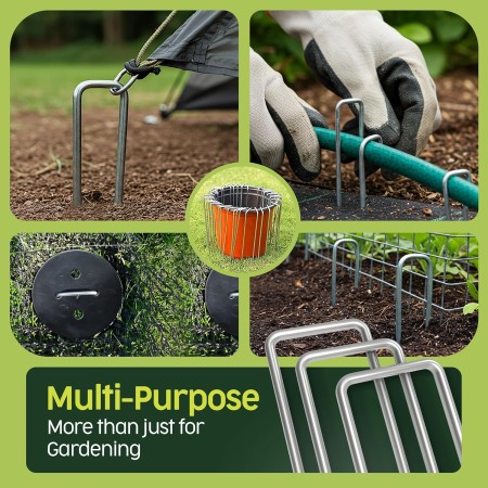 PORTENTUM Grapas Césped Artificial 100 Uds + 16 Arandelas – Piquetas Camping Suelo Duro, Estacas para Tomateras, Piquetas