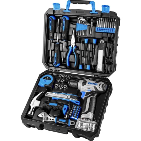 DEKO Caja Herramientas Completa con Destornillador Electrico/Taladro con bateria de 8V, Maletin de 126 Piezas, Caja profesional