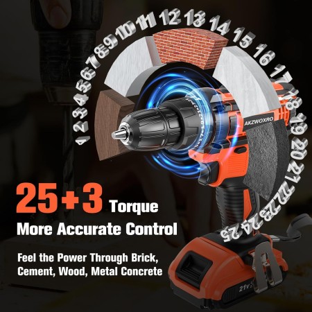 AKZWOXRO Taladro Percutor a Bateria 21V, Taladro Atornillador Bateria con 2x2.0Ah Baterías, Atornillador Electrico 42Nm, 25+3