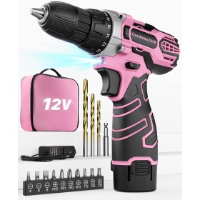 Taladro Atornillador 12V, Rosado Destornillador Electrico Batería, Baterías Litio 2.0Ah, 2 Velocidades, 18+1 Ajuste de Par, LED