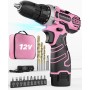 Taladro Atornillador 12V, Rosado Destornillador Electrico Batería, Baterías Litio 2.0Ah, 2 Velocidades, 18+1 Ajuste de Par, LED