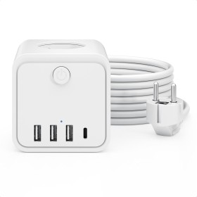 Regleta de enchufes múltiple de 3 Compartimentos con 1 USB-C y 3 USB-A, Enchufe múltiple con Interruptor de Ahorro de energía,
