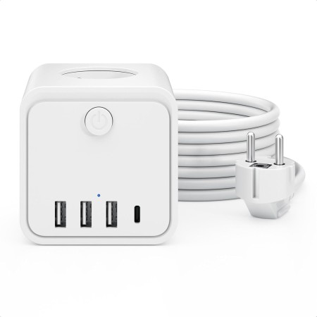 Regleta de enchufes múltiple de 3 Compartimentos con 1 USB-C y 3 USB-A, Enchufe múltiple con Interruptor de Ahorro de energía,