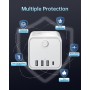 Regleta de enchufes múltiple de 3 Compartimentos con 1 USB-C y 3 USB-A, Enchufe múltiple con Interruptor de Ahorro de energía,