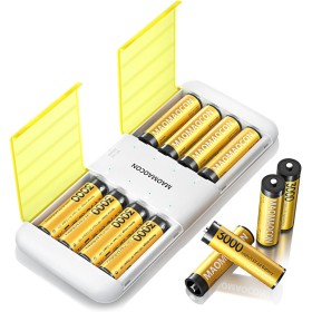 8 Unidades de Pilas AA de Recargables Litio, Pilas de Alta Capacidad de 3000mWh, Pilas AA de Litio de 1,5 V y Cargador de Pilas
