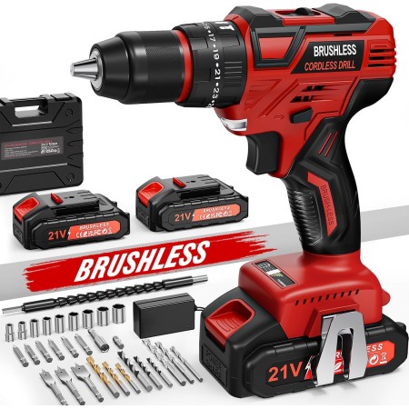 Taladro Percutor a Bateria, 21V Sin Escobillas Taladro Atornillador Batería con 2 Baterías, 60Nm Brushless Drill, 25+3 Ajuste de