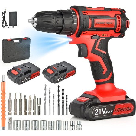 Taladro Atornillador Batería 21V, Atornillador Bateria 40 NM, con Destornillador Eléctrico de dos Secciones 2.0 AH, par 25 + 1,