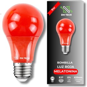 DM TECH Luz Roja Nocturna Melatonina E27 - Bombilla Terapia Roja para Dormir - Tecnología Flicker Free + 0% Luz Azul + Rosca