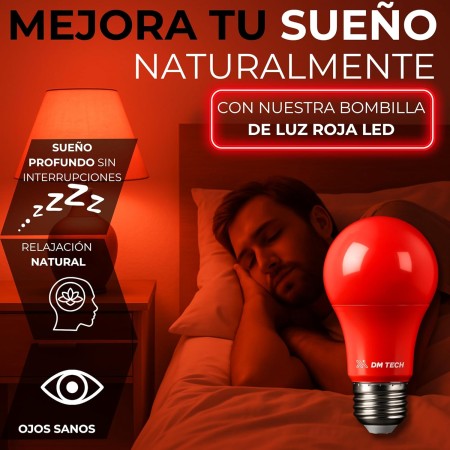 DM TECH Luz Roja Nocturna Melatonina E27 - Bombilla Terapia Roja para Dormir - Tecnología Flicker Free + 0% Luz Azul + Rosca
