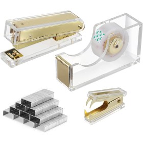 MSDADA Juego de Grapas, Grapas Acrílicas Transparentes, Accesorios de Escritorio, 3 Juegos con 1000 Grapas, Quitagrapas,