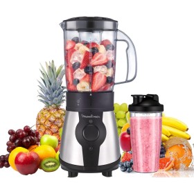 Moulinex Blend&Go - Batidora de vaso de 300 W, con jarra de 1,3 L y botella de plástico de 750 ml, 4 cuchillas extraíbles,