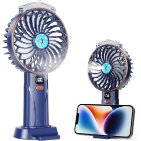 Ventilador Pulverizador de Mano, Mini Ventiladores de USB Recargable, 5 Velocidades con Pantalla LED, Base Desmontable, Potente