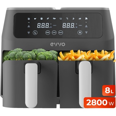 EVVO Freidora Aire Sin Aceite de 6L, 1700W, Recipiente Antiadherente, Tecnología Dual Cyclone, Multifunción, Hornea, Deshidrata,
