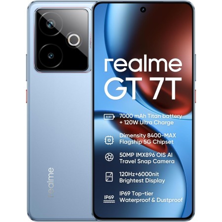 realme GT 7T 5G Smartphone 12+256GB,Cámara 50MP IMX896 OIS,Chip Dimensity 8400-MAX,Batería 7000mAh Titan,Pantalla 6.78'' 120Hz